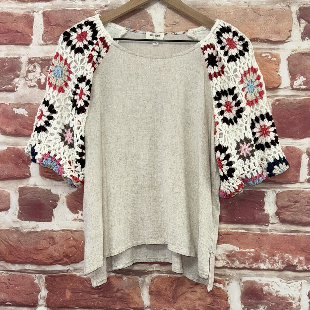 Umgee Top Womens S Tan Multicolor Boho Crochet Granny Square Sleeve Casual Shirt - Picture 7 of 9